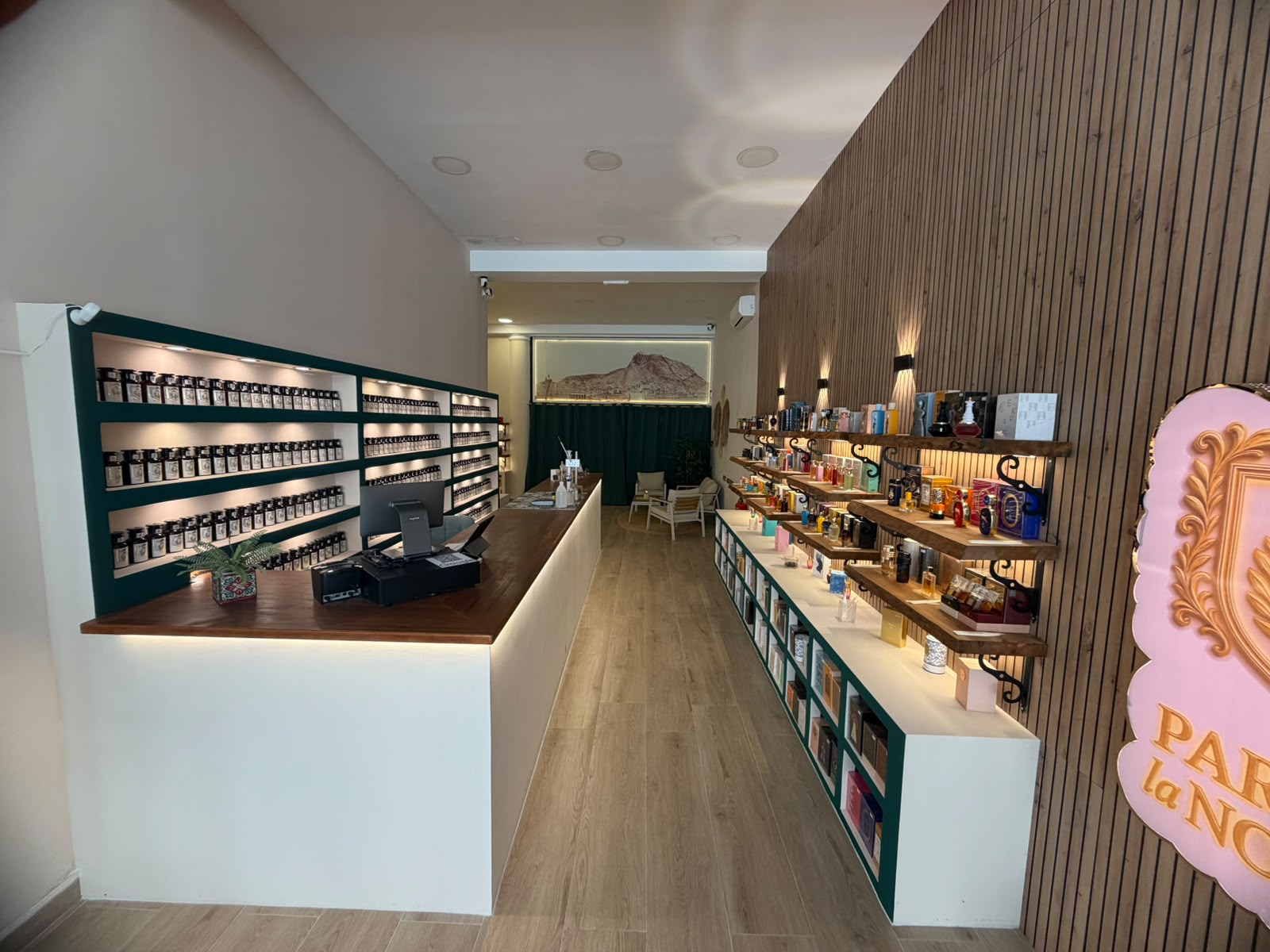 Vista general de la boutique con el mostrador y las estanterías